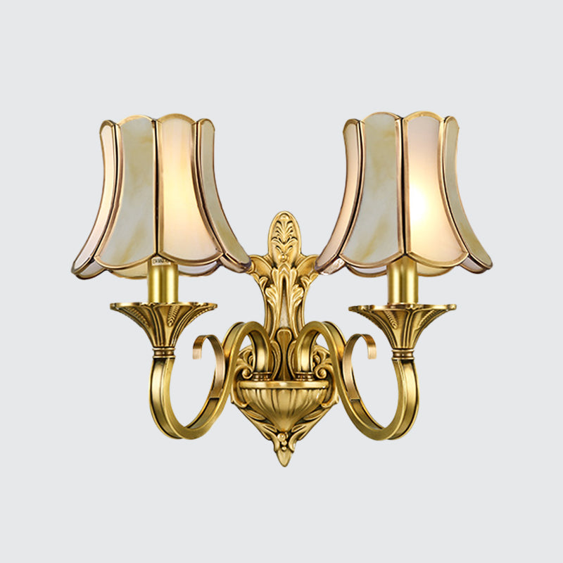 1/2 Light Flared/Bell Wall Mounted Light Traditional Polished Brass Frosted Glass Wall Sconce Lamp Clearhalo 'Wall Lamps & Sconces' 'Wall Lights' Lighting' 1963775