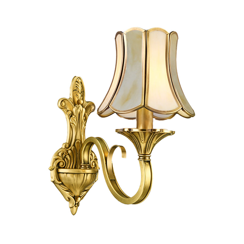 1/2 Light Flared/Bell Wall Mounted Light Traditional Polished Brass Frosted Glass Wall Sconce Lamp 1.0 Brass C Clearhalo 'Wall Lamps & Sconces' 'Wall Lights' Lighting' 1963777