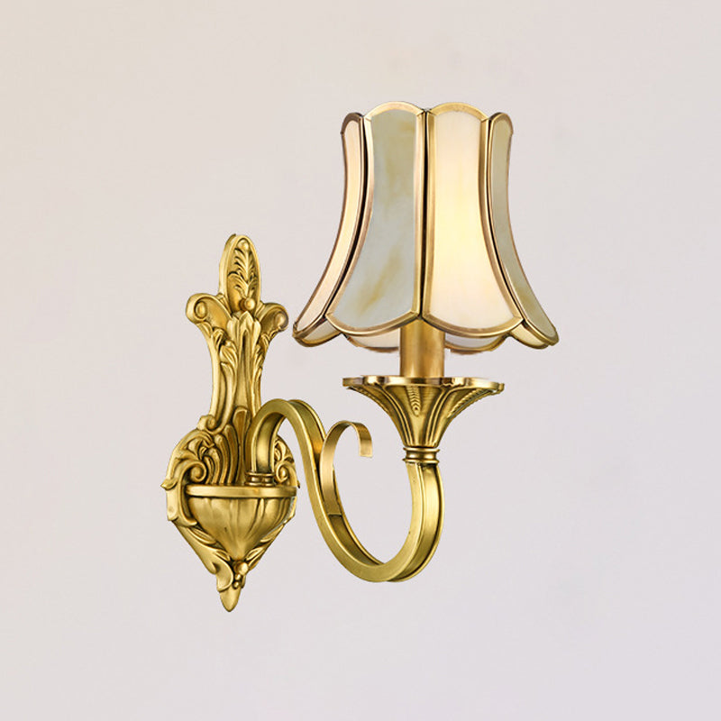 1/2 Light Flared/Bell Wall Mounted Light Traditional Polished Brass Frosted Glass Wall Sconce Lamp Clearhalo 'Wall Lamps & Sconces' 'Wall Lights' Lighting' 1963778