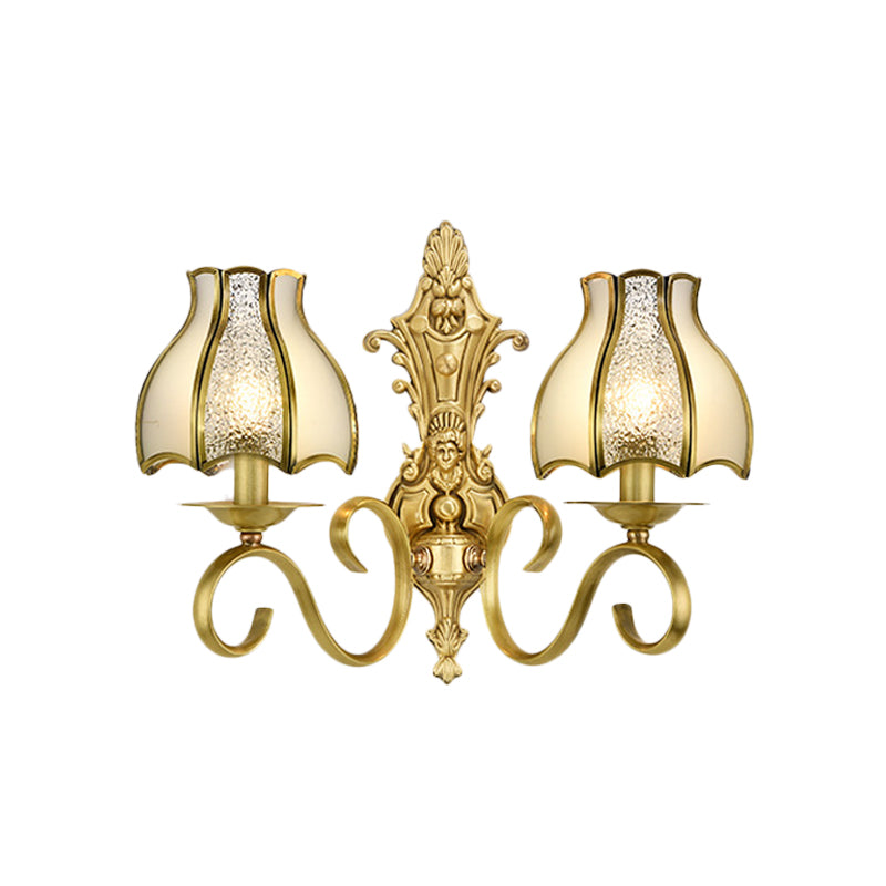 1/2 Light Flared/Bell Wall Mounted Light Traditional Polished Brass Frosted Glass Wall Sconce Lamp 2.0 Brass D Clearhalo 'Wall Lamps & Sconces' 'Wall Lights' Lighting' 1963780