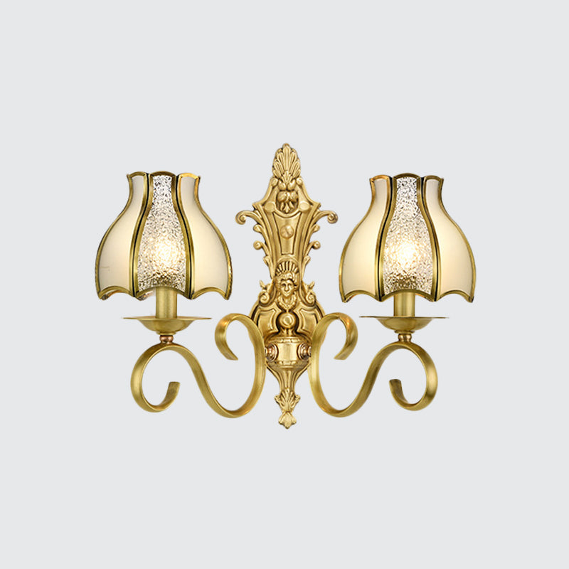 1/2 Light Flared/Bell Wall Mounted Light Traditional Polished Brass Frosted Glass Wall Sconce Lamp Clearhalo 'Wall Lamps & Sconces' 'Wall Lights' Lighting' 1963781