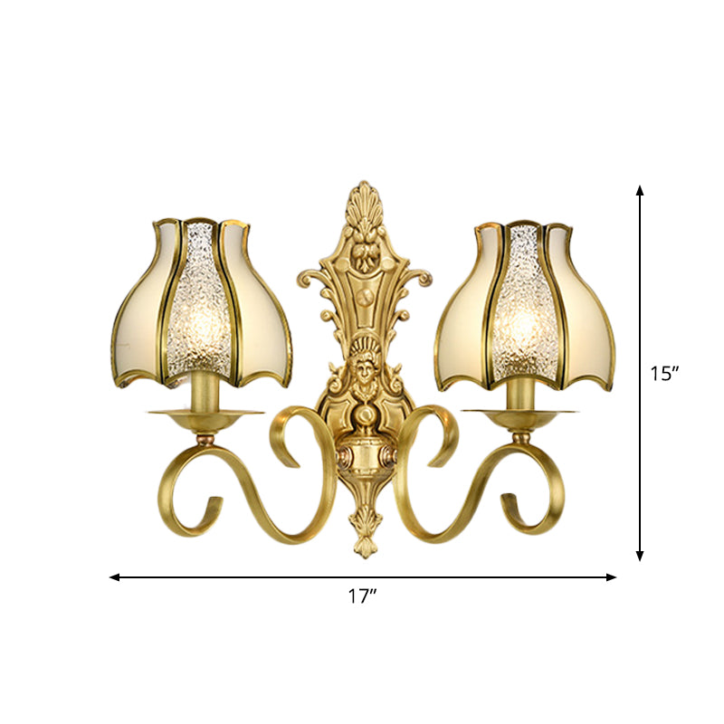 1/2 Light Flared/Bell Wall Mounted Light Traditional Polished Brass Frosted Glass Wall Sconce Lamp Clearhalo 'Wall Lamps & Sconces' 'Wall Lights' Lighting' 1963782