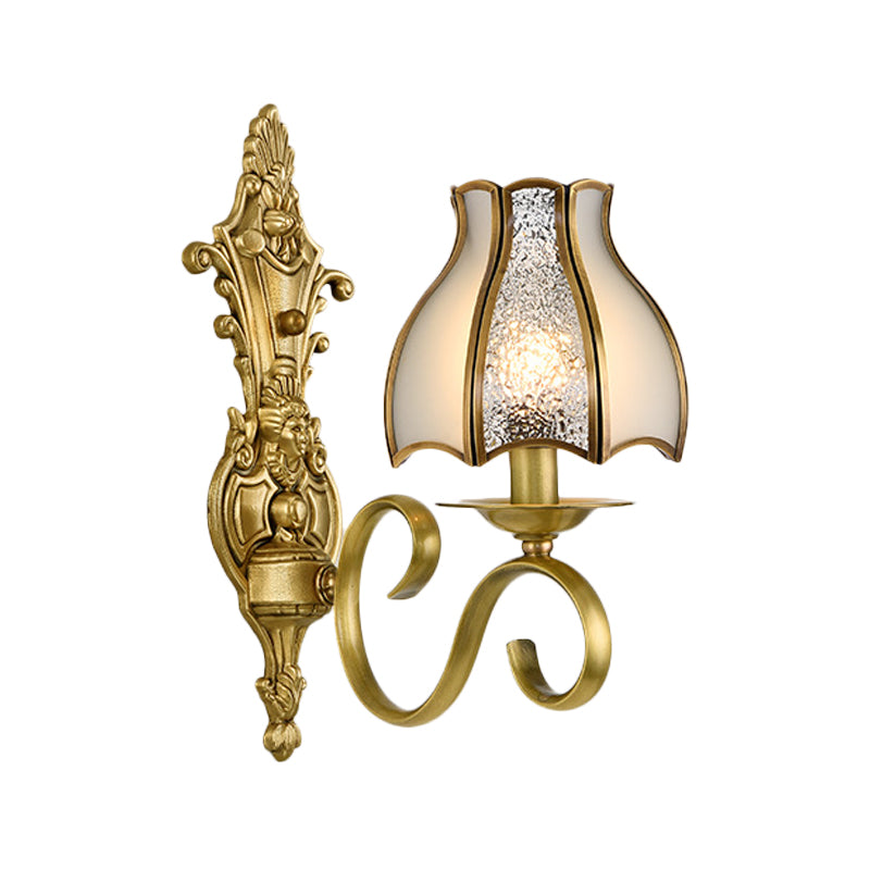 1/2 Light Flared/Bell Wall Mounted Light Traditional Polished Brass Frosted Glass Wall Sconce Lamp 1.0 Brass D Clearhalo 'Wall Lamps & Sconces' 'Wall Lights' Lighting' 1963783