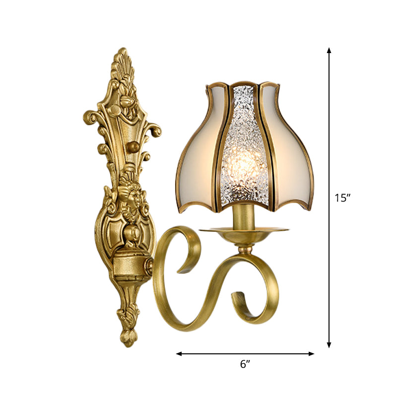 1/2 Light Flared/Bell Wall Mounted Light Traditional Polished Brass Frosted Glass Wall Sconce Lamp Clearhalo 'Wall Lamps & Sconces' 'Wall Lights' Lighting' 1963784