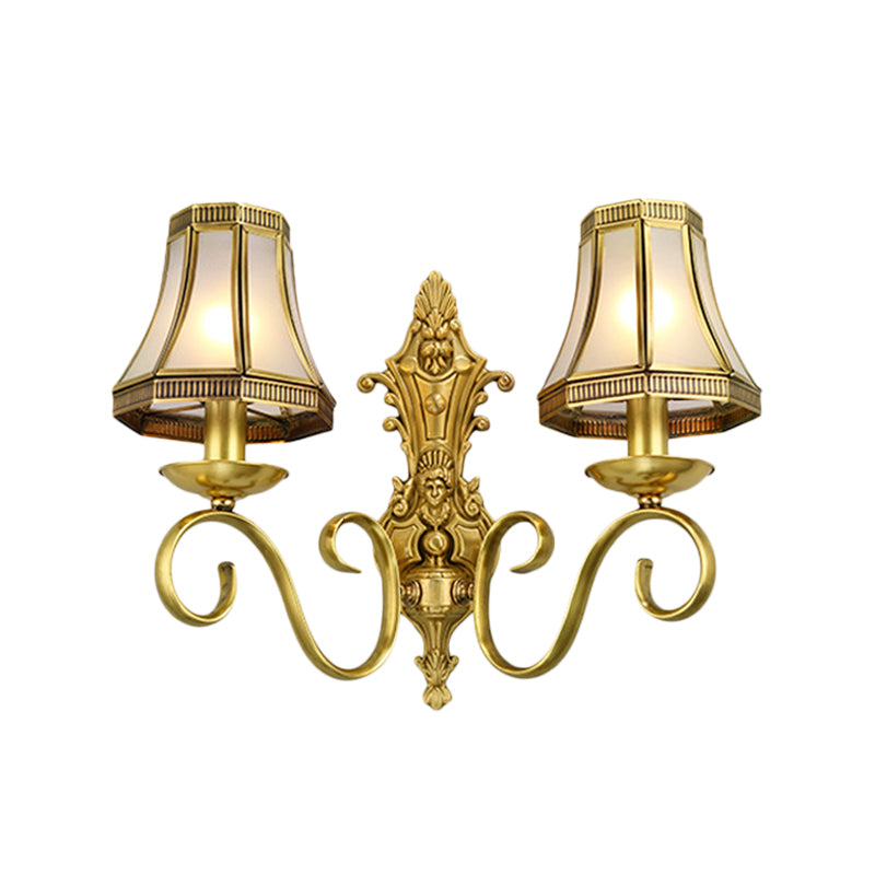 1/2 Light Flared/Bell Wall Mounted Light Traditional Polished Brass Frosted Glass Wall Sconce Lamp 2.0 Brass E Clearhalo 'Wall Lamps & Sconces' 'Wall Lights' Lighting' 1963785