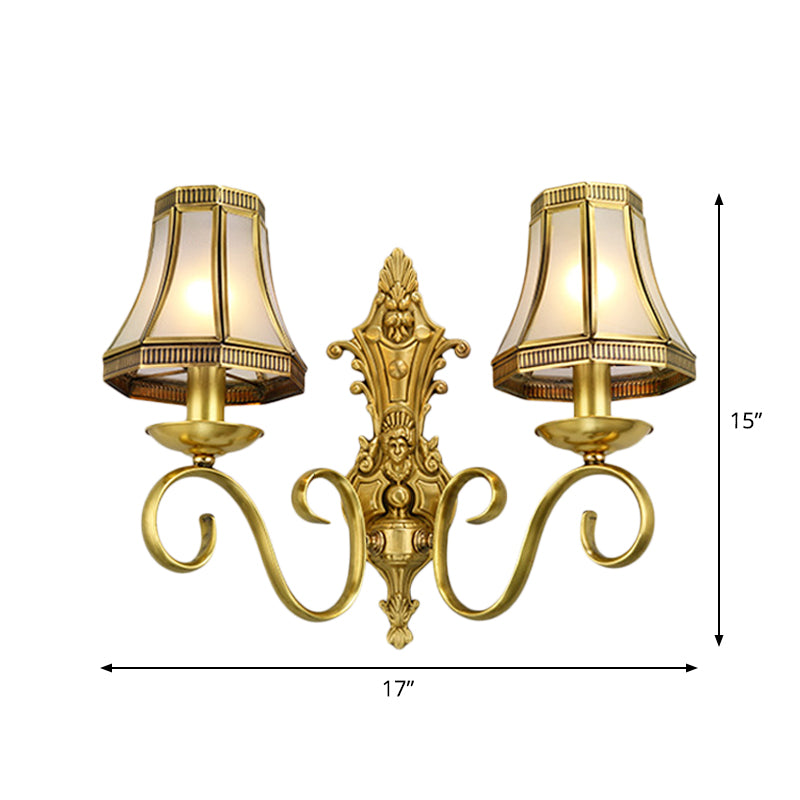 1/2 Light Flared/Bell Wall Mounted Light Traditional Polished Brass Frosted Glass Wall Sconce Lamp Clearhalo 'Wall Lamps & Sconces' 'Wall Lights' Lighting' 1963786