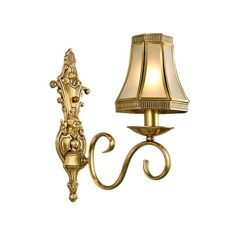 1/2 Light Flared/Bell Wall Mounted Light Traditional Polished Brass Frosted Glass Wall Sconce Lamp 1.0 Brass E Clearhalo 'Wall Lamps & Sconces' 'Wall Lights' Lighting' 1963787