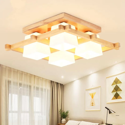 Nordic 4/6/9-Light Ceiling Mount Light Wood Grid Semi Flush Mount with Opal Frosted Glass Shade 4 Wood Clearhalo 'Ceiling Lights' 'Close To Ceiling Lights' 'Close to ceiling' 'Semi-flushmount' Lighting' 1963920