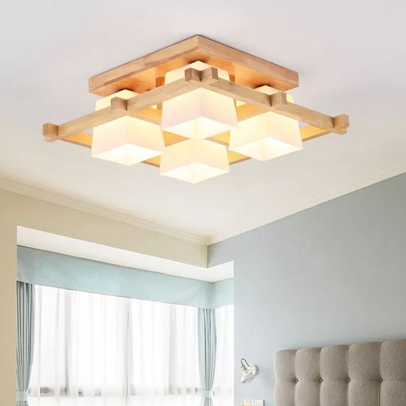 Nordic 4/6/9-Light Ceiling Mount Light Wood Grid Semi Flush Mount with Opal Frosted Glass Shade Clearhalo 'Ceiling Lights' 'Close To Ceiling Lights' 'Close to ceiling' 'Semi-flushmount' Lighting' 1963921