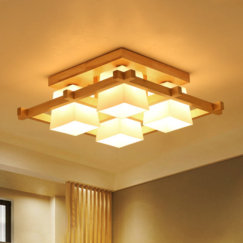 Nordic 4/6/9-Light Ceiling Mount Light Wood Grid Semi Flush Mount with Opal Frosted Glass Shade Clearhalo 'Ceiling Lights' 'Close To Ceiling Lights' 'Close to ceiling' 'Semi-flushmount' Lighting' 1963922