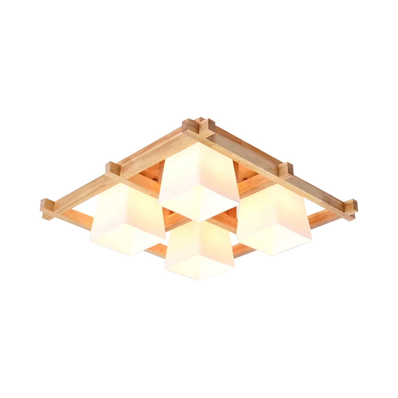 Nordic 4/6/9-Light Ceiling Mount Light Wood Grid Semi Flush Mount with Opal Frosted Glass Shade Clearhalo 'Ceiling Lights' 'Close To Ceiling Lights' 'Close to ceiling' 'Semi-flushmount' Lighting' 1963923