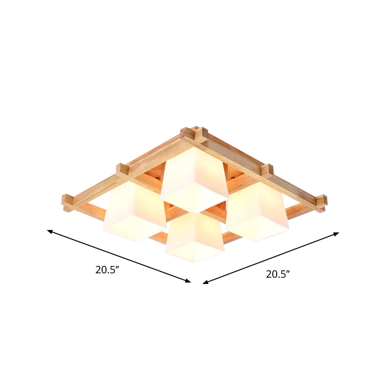 Nordic 4/6/9-Light Ceiling Mount Light Wood Grid Semi Flush Mount with Opal Frosted Glass Shade Clearhalo 'Ceiling Lights' 'Close To Ceiling Lights' 'Close to ceiling' 'Semi-flushmount' Lighting' 1963924
