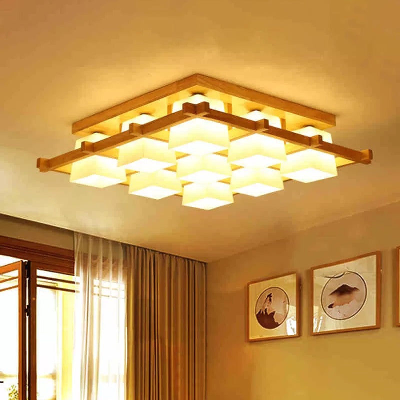 Nordic 4/6/9-Light Ceiling Mount Light Wood Grid Semi Flush Mount with Opal Frosted Glass Shade 9 Wood Clearhalo 'Ceiling Lights' 'Close To Ceiling Lights' 'Close to ceiling' 'Semi-flushmount' Lighting' 1963925
