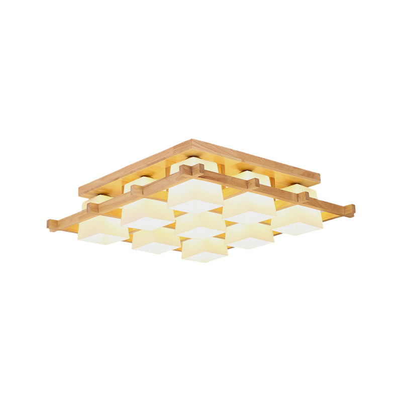 Nordic 4/6/9-Light Ceiling Mount Light Wood Grid Semi Flush Mount with Opal Frosted Glass Shade Clearhalo 'Ceiling Lights' 'Close To Ceiling Lights' 'Close to ceiling' 'Semi-flushmount' Lighting' 1963926