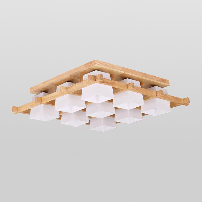 Nordic 4/6/9-Light Ceiling Mount Light Wood Grid Semi Flush Mount with Opal Frosted Glass Shade Clearhalo 'Ceiling Lights' 'Close To Ceiling Lights' 'Close to ceiling' 'Semi-flushmount' Lighting' 1963927