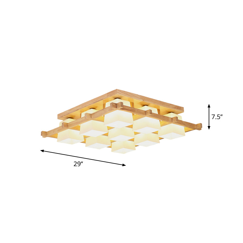 Nordic 4/6/9-Light Ceiling Mount Light Wood Grid Semi Flush Mount with Opal Frosted Glass Shade Clearhalo 'Ceiling Lights' 'Close To Ceiling Lights' 'Close to ceiling' 'Semi-flushmount' Lighting' 1963928