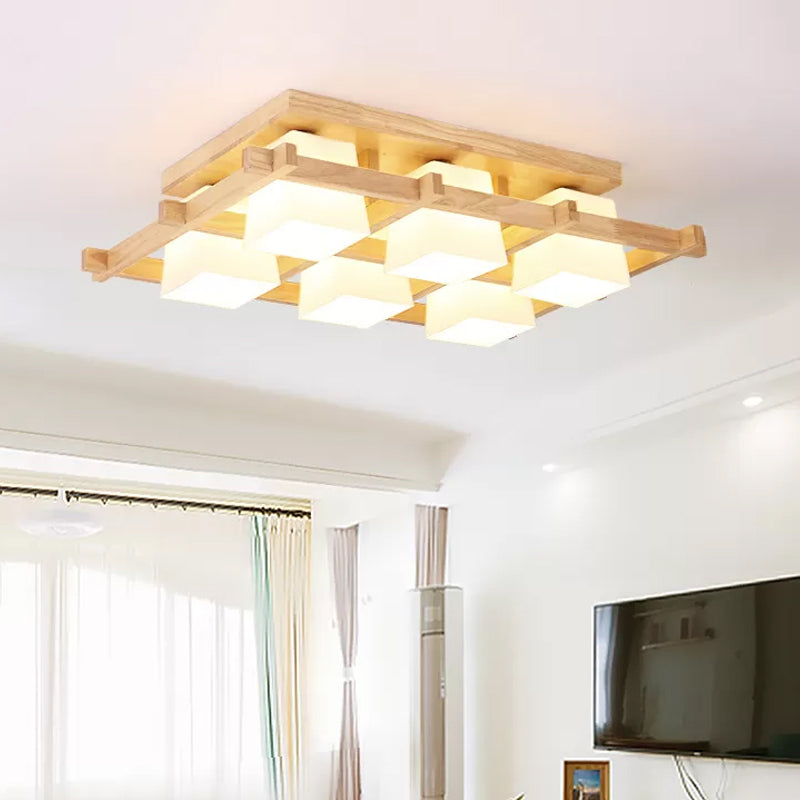Nordic 4/6/9-Light Ceiling Mount Light Wood Grid Semi Flush Mount with Opal Frosted Glass Shade 6 Wood Clearhalo 'Ceiling Lights' 'Close To Ceiling Lights' 'Close to ceiling' 'Semi-flushmount' Lighting' 1963929