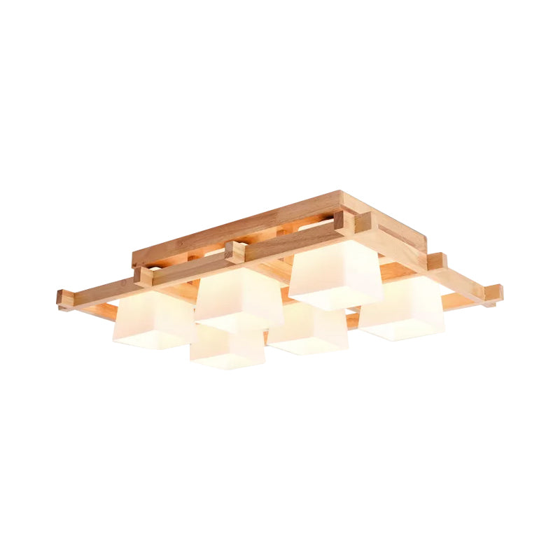 Nordic 4/6/9-Light Ceiling Mount Light Wood Grid Semi Flush Mount with Opal Frosted Glass Shade Clearhalo 'Ceiling Lights' 'Close To Ceiling Lights' 'Close to ceiling' 'Semi-flushmount' Lighting' 1963930