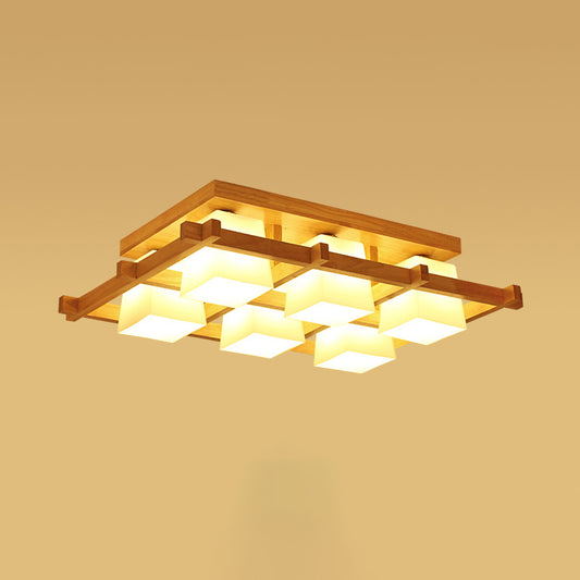 Nordic 4/6/9-Light Ceiling Mount Light Wood Grid Semi Flush Mount with Opal Frosted Glass Shade Clearhalo 'Ceiling Lights' 'Close To Ceiling Lights' 'Close to ceiling' 'Semi-flushmount' Lighting' 1963931