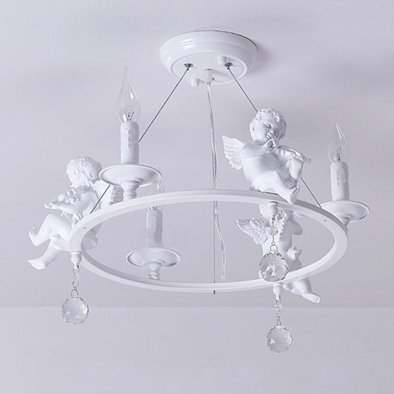 Metal Ring & Candle Chandelier with Angel Villa Modern Stylish Hanging Light in White Clearhalo 'Ceiling Lights' 'Chandeliers' Lighting' options 196465