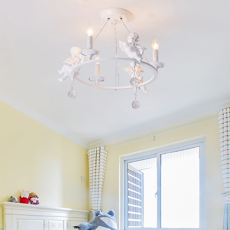 Metal Ring & Candle Chandelier with Angel Villa Modern Stylish Hanging Light in White Clearhalo 'Ceiling Lights' 'Chandeliers' Lighting' options 196466