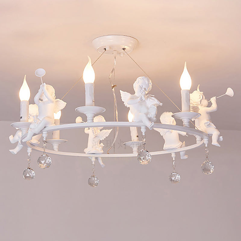 Metal Ring & Candle Chandelier with Angel Villa Modern Stylish Hanging Light in White 6 White Clearhalo 'Ceiling Lights' 'Chandeliers' Lighting' options 196469_8c1cd8f1-1694-4300-8574-375c3ff7d111