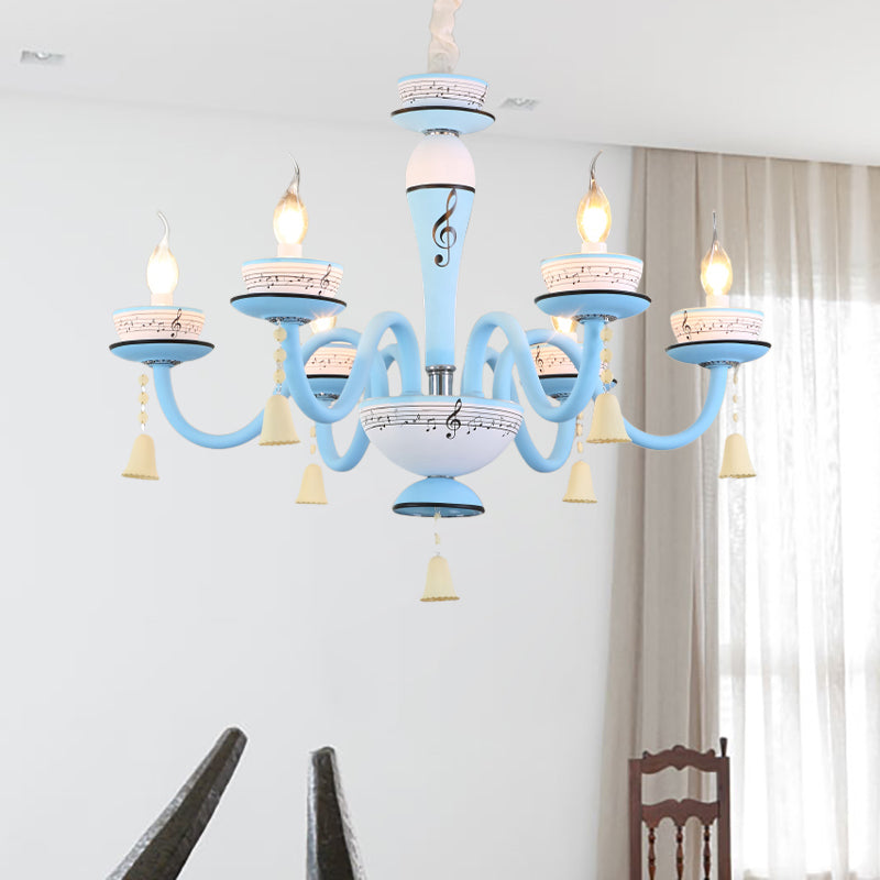 Candle Suspension Light with Little Bell and Musical Note Cartoon Glass Chandelier for Child Bedroom 6 Blue Clearhalo 'Ceiling Lights' 'Chandeliers' Lighting' options 196496_39d53689-e412-4742-8317-f09a6b27915b