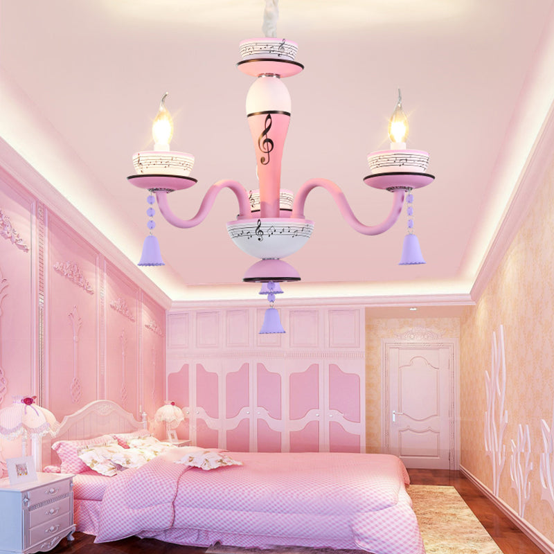 Candle Suspension Light with Little Bell and Musical Note Cartoon Glass Chandelier for Child Bedroom 3 Pink Clearhalo 'Ceiling Lights' 'Chandeliers' Lighting' options 196501_055f0ed1-da3c-46e9-8a8a-6111fe0c7738