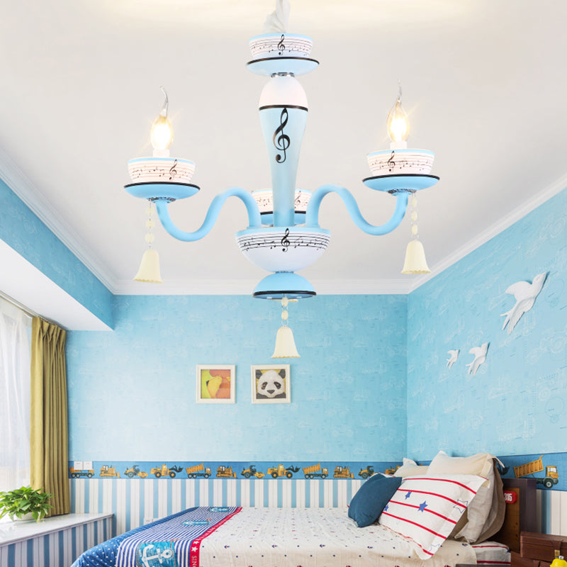 Candle Suspension Light with Little Bell and Musical Note Cartoon Glass Chandelier for Child Bedroom 3 Blue Clearhalo 'Ceiling Lights' 'Chandeliers' Lighting' options 196505_ffd1f50c-95da-456c-9e7c-cf8cf6cd3a2c