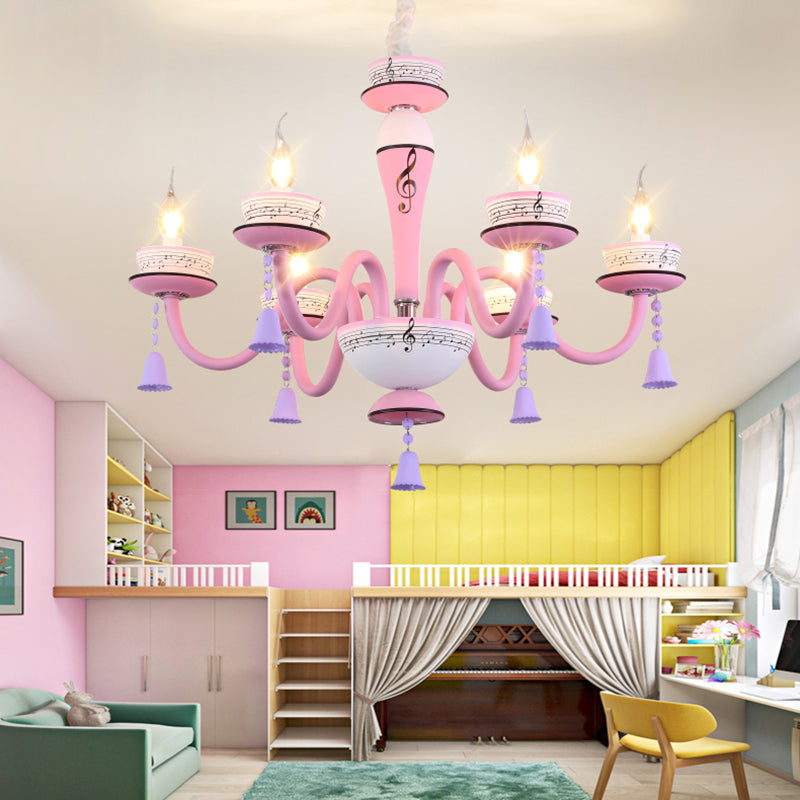 Candle Suspension Light with Little Bell and Musical Note Cartoon Glass Chandelier for Child Bedroom 6 Pink Clearhalo 'Ceiling Lights' 'Chandeliers' Lighting' options 196508_2677b5c3-6a71-4c96-b3ea-a5afc28b917e