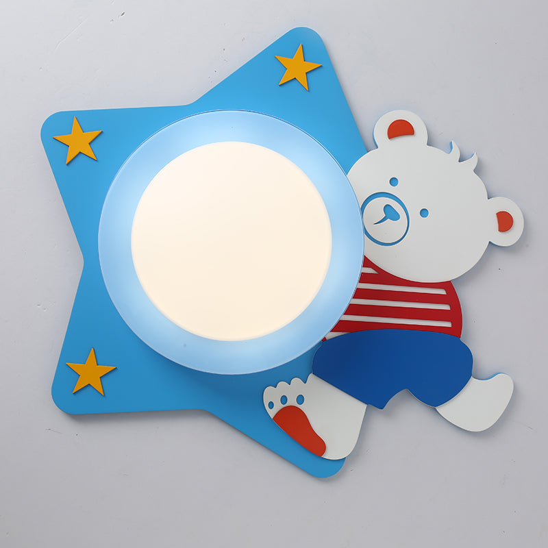 Boys Bedroom Circular Ceiling Mount Light with Cartoon Bear Wood Animal Blue LED Ceiling Lamp Clearhalo 'Ceiling Lights' 'Close To Ceiling Lights' 'Close to ceiling' 'Flush mount' Lighting' 196565