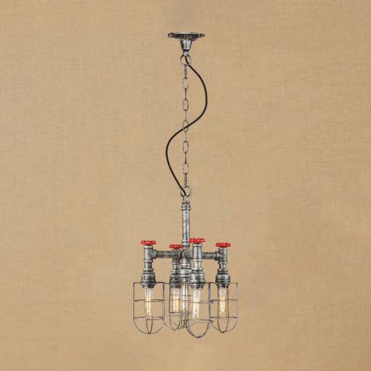 5-Light Chandelier Lamp with Wire Frame and Red Valve Metal Rustic Indoor Pendant Light Fixture in Aged Silver/Bronze Aged Silver Clearhalo 'Cast Iron' 'Ceiling Lights' 'Chandeliers' 'Industrial Chandeliers' 'Industrial' 'Metal' 'Middle Century Chandeliers' 'Rustic Chandeliers' 'Tiffany' Lighting' 19656