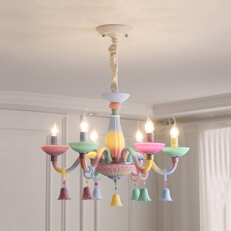 6 Lights Candle Hanging Light with Bell Deco Modern Glass Colorful Chandelier for Girl Bedroom Blue-Yellow-Green-Pink Clearhalo 'Ceiling Lights' 'Chandeliers' Lighting' options 196582_dfb87689-f227-4195-8437-e134dc0530c0