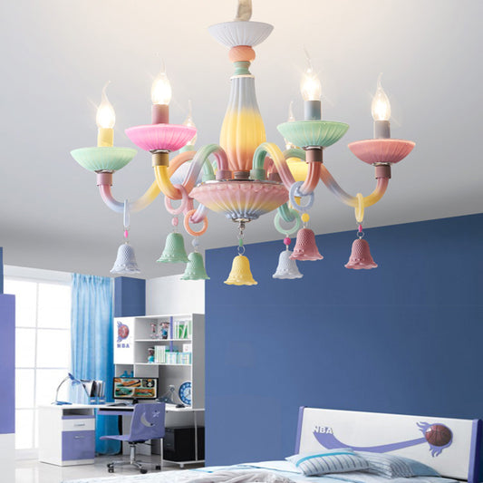 6 Lights Candle Hanging Light with Bell Deco Modern Glass Colorful Chandelier for Girl Bedroom Clearhalo 'Ceiling Lights' 'Chandeliers' Lighting' options 196583