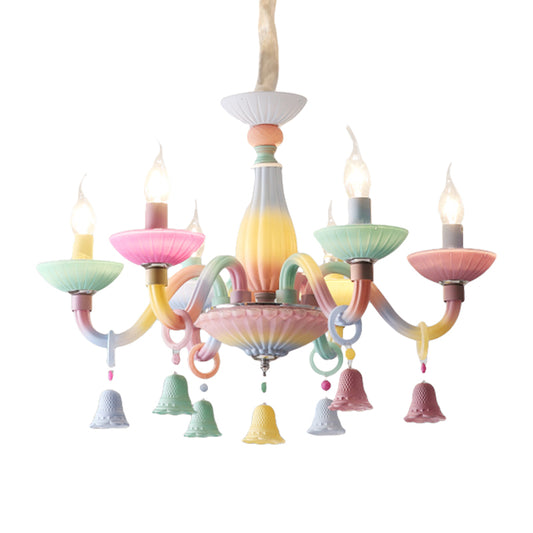 6 Lights Candle Hanging Light with Bell Deco Modern Glass Colorful Chandelier for Girl Bedroom Clearhalo 'Ceiling Lights' 'Chandeliers' Lighting' options 196584