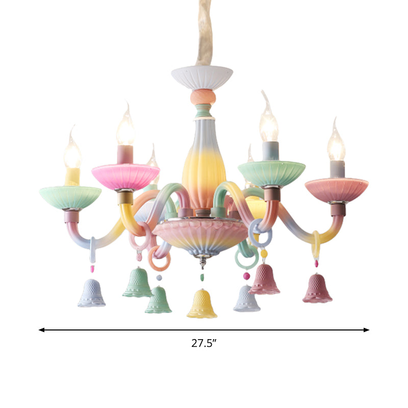 6 Lights Candle Hanging Light with Bell Deco Modern Glass Colorful Chandelier for Girl Bedroom Clearhalo 'Ceiling Lights' 'Chandeliers' Lighting' options 196585