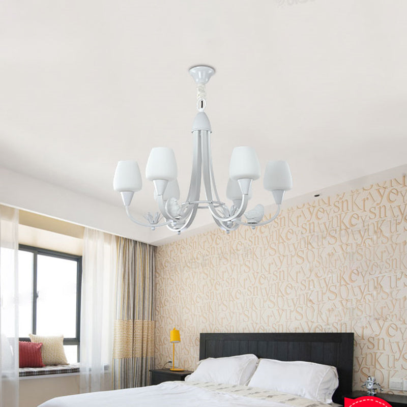 Milk Glass Bud Chandelier with Bird Deco 6 Lights Modern Hanging Light in White for Living Room White Clearhalo 'Ceiling Lights' 'Chandeliers' Lighting' options 196648_f6bbbaef-6c5f-486f-afa9-9d97a4b8ec7e