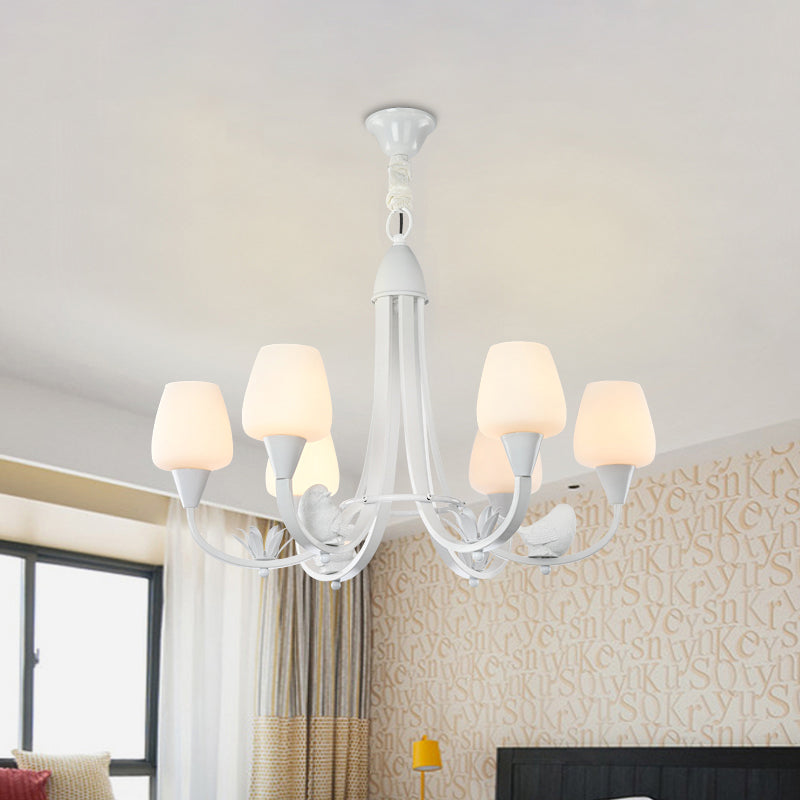 Milk Glass Bud Chandelier with Bird Deco 6 Lights Modern Hanging Light in White for Living Room Clearhalo 'Ceiling Lights' 'Chandeliers' Lighting' options 196649