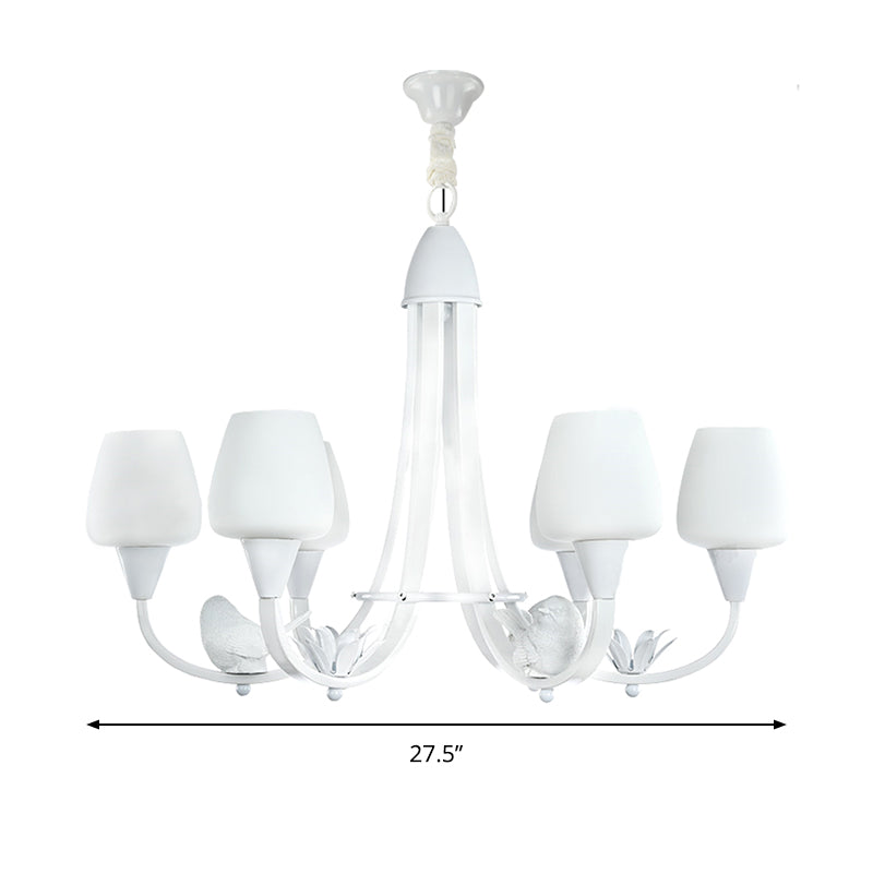 Milk Glass Bud Chandelier with Bird Deco 6 Lights Modern Hanging Light in White for Living Room Clearhalo 'Ceiling Lights' 'Chandeliers' Lighting' options 196651