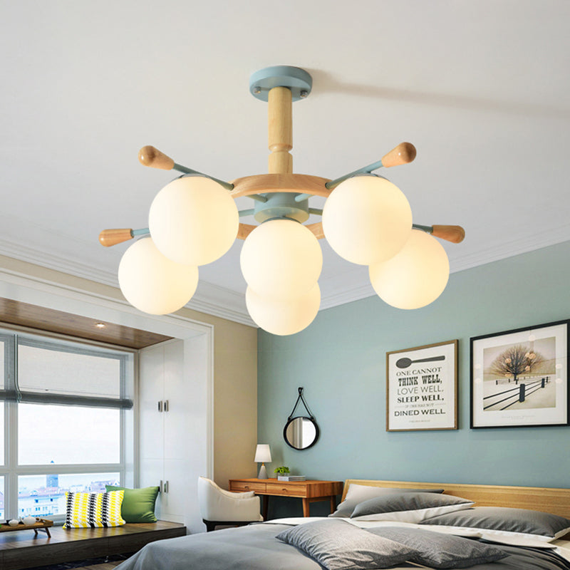 Modern Nordic Rubber Pendant Chandelier with Globe Shade White Glass Shade Chandelier Light in Blue for Bedroom 6 Blue Clearhalo 'Ceiling Lights' 'Chandeliers' Lighting' options 196652_fb6d8f7b-753e-422e-9702-380b305f822a