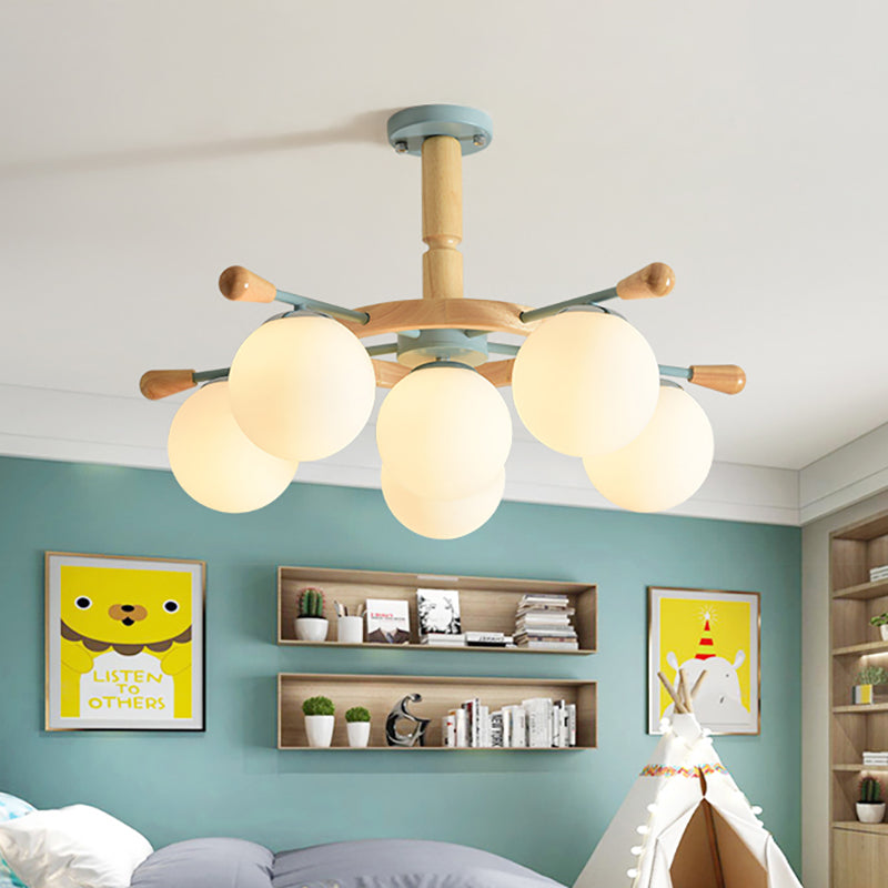 Modern Nordic Rubber Pendant Chandelier with Globe Shade White Glass Shade Chandelier Light in Blue for Bedroom Clearhalo 'Ceiling Lights' 'Chandeliers' Lighting' options 196653