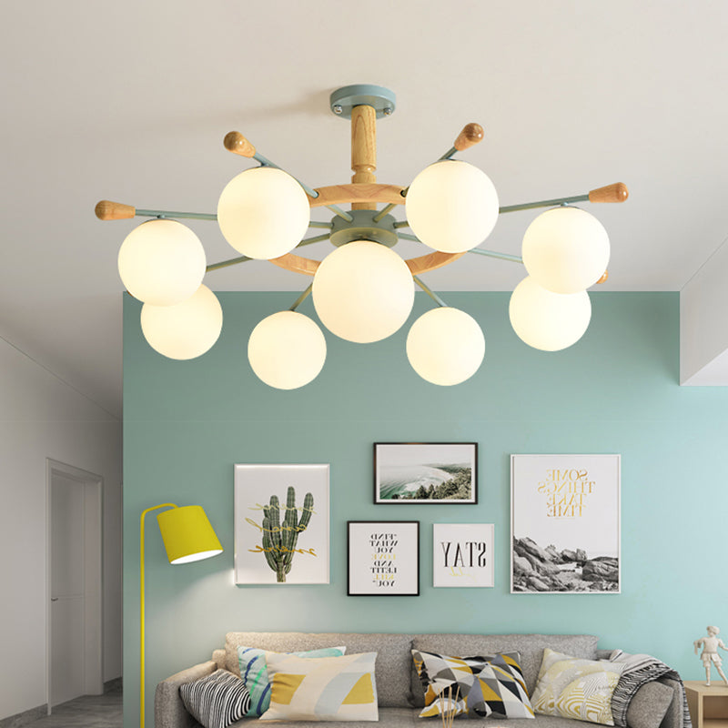 Modern Nordic Rubber Pendant Chandelier with Globe Shade White Glass Shade Chandelier Light in Blue for Bedroom 9 Blue Clearhalo 'Ceiling Lights' 'Chandeliers' Lighting' options 196656_d0517a9a-99b1-4ff9-be9c-122faf1ab18a