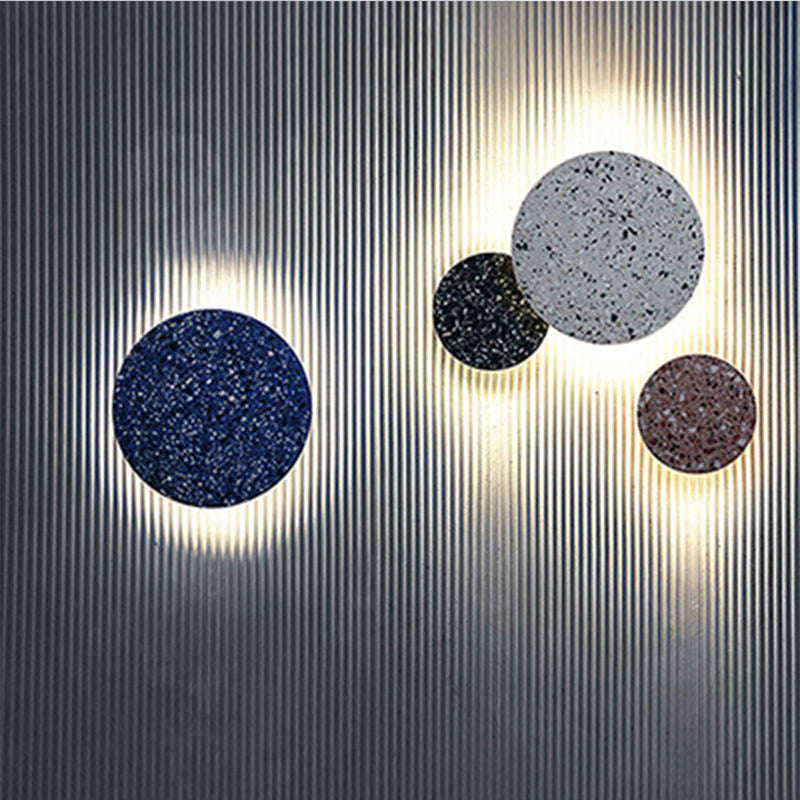 Disc Shaped LED Wall Sconce Minimalist Terrazzo Bedroom Wall Mount Light in Pink/Blue/Black, 7"/10" W Blue Clearhalo 'Cast Iron' 'Glass' 'Industrial' 'Modern wall lights' 'Modern' 'Tiffany' 'Traditional wall lights' 'Wall Lamps & Sconces' 'Wall Lights' Lighting' 1968155