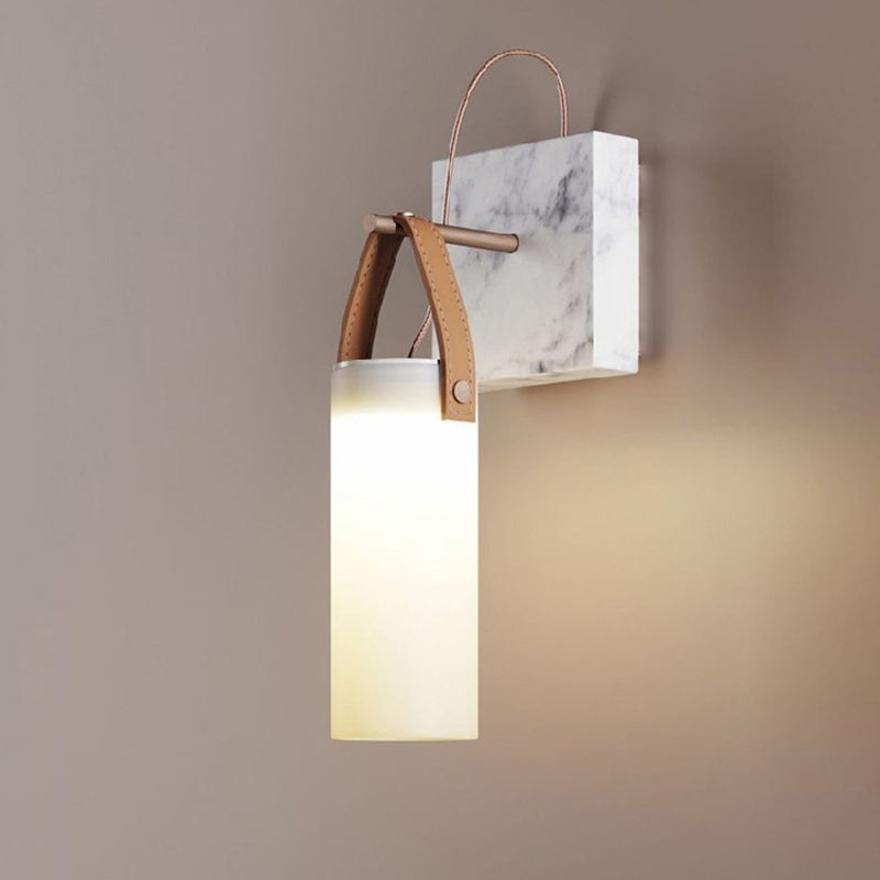 Cylinder Bedside Wall Hanging Light White Glass Nordic LED Wall Light with Leather Strap Clearhalo 'Modern wall lights' 'Modern' 'Wall Lamps & Sconces' 'Wall Lights' Lighting' 1968218