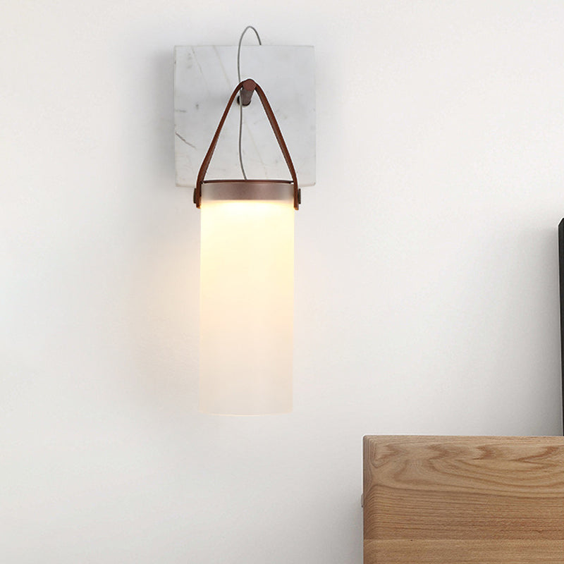 Cylinder Bedside Wall Hanging Light White Glass Nordic LED Wall Light with Leather Strap Clearhalo 'Modern wall lights' 'Modern' 'Wall Lamps & Sconces' 'Wall Lights' Lighting' 1968219