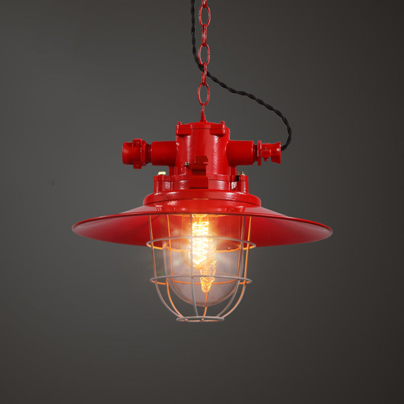Metal Red/White/Blue Pendulum Light Saucer 1 Bulb Loft Pendant Light Kit with Clear Glass Shade and Cage Clearhalo 'Art Deco Pendants' 'Cast Iron' 'Ceiling Lights' 'Ceramic' 'Crystal' 'Industrial Pendants' 'Industrial' 'Metal' 'Middle Century Pendants' 'Pendant Lights' 'Pendants' 'Tiffany' Lighting' 1968307