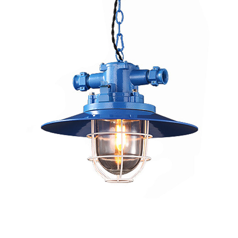 Metal Red/White/Blue Pendulum Light Saucer 1 Bulb Loft Pendant Light Kit with Clear Glass Shade and Cage Blue Clearhalo 'Art Deco Pendants' 'Cast Iron' 'Ceiling Lights' 'Ceramic' 'Crystal' 'Industrial Pendants' 'Industrial' 'Metal' 'Middle Century Pendants' 'Pendant Lights' 'Pendants' 'Tiffany' Lighting' 1968311
