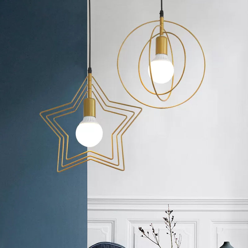 Metal Gold Pendant Light Fixture Triple Star/Round Frame Single Industrial Hanging Ceiling Light Clearhalo 'Art Deco Pendants' 'Cast Iron' 'Ceiling Lights' 'Ceramic' 'Crystal' 'Industrial Pendants' 'Industrial' 'Metal' 'Middle Century Pendants' 'Pendant Lights' 'Pendants' 'Tiffany' Lighting' 1968337