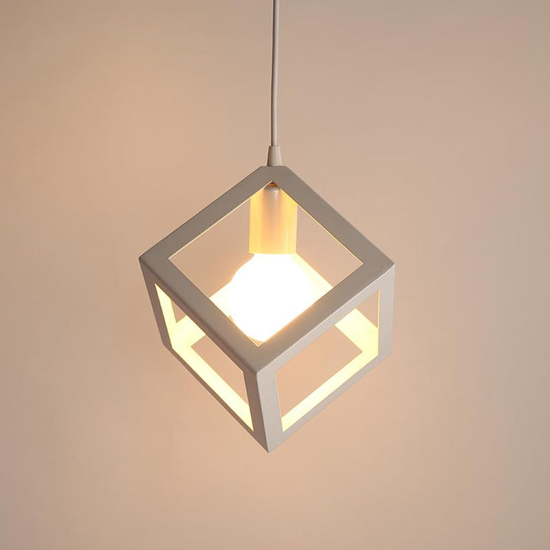 1 Head Down Lighting Pendant Nordic Cube Frame Metal Ceiling Hang Light in White Clearhalo 'Art Deco Pendants' 'Cast Iron' 'Ceiling Lights' 'Ceramic' 'Crystal' 'Industrial Pendants' 'Industrial' 'Metal' 'Middle Century Pendants' 'Pendant Lights' 'Pendants' 'Tiffany' Lighting' 1968357