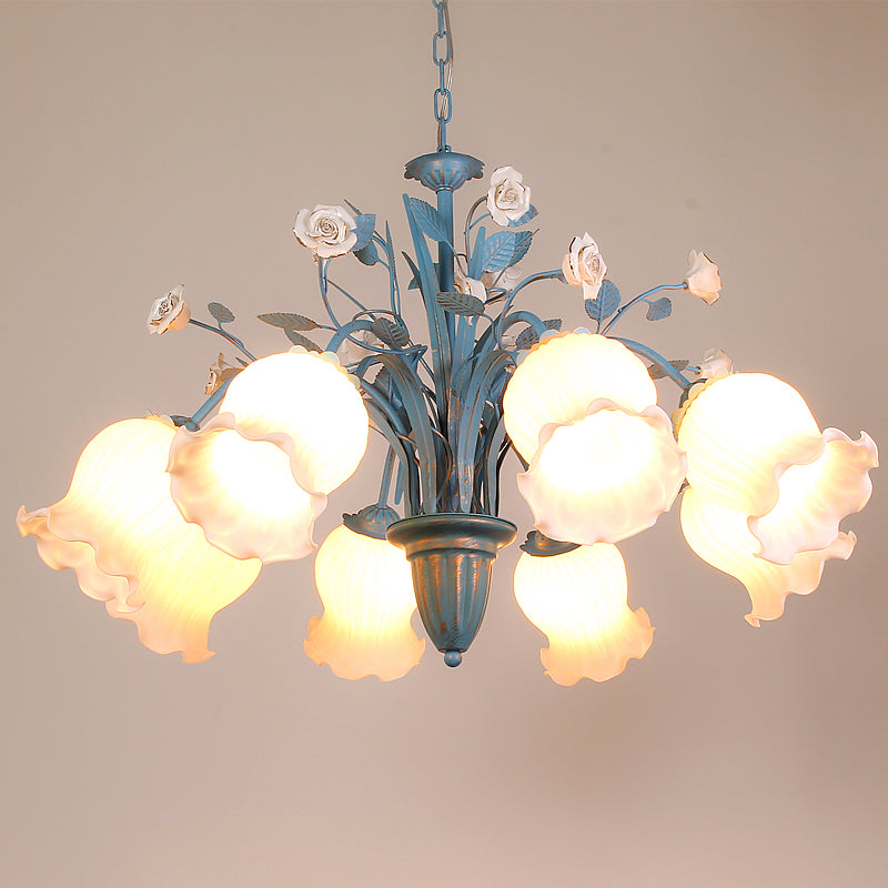 White Glass Orchid/Magnolia Chandelier Korean Flower 5/6/8-Light Living Room Ceiling Pendant Lamp in Blue Clearhalo 'Ceiling Lights' 'Chandeliers' Lighting' options 1968394